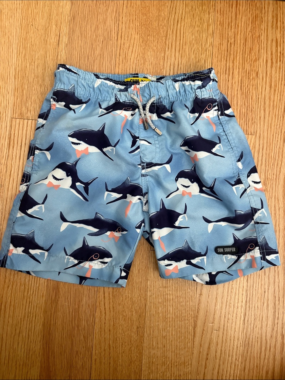 Blue Shark Print Kids Swim Trunks with Drawstring
